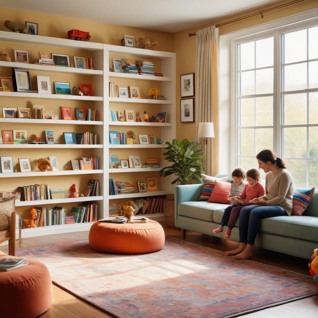 A serene and welcoming family environment with a parent and child engaging in a fun educational activity together, surrounded by colorful resources like books and toys that promote understanding of autism. Incorporate visual elements like a cozy living room, soft natural light, and supportive imagery representing community and connection. Artistic touch of hope and warmth. vibrant colors. super-realistic.