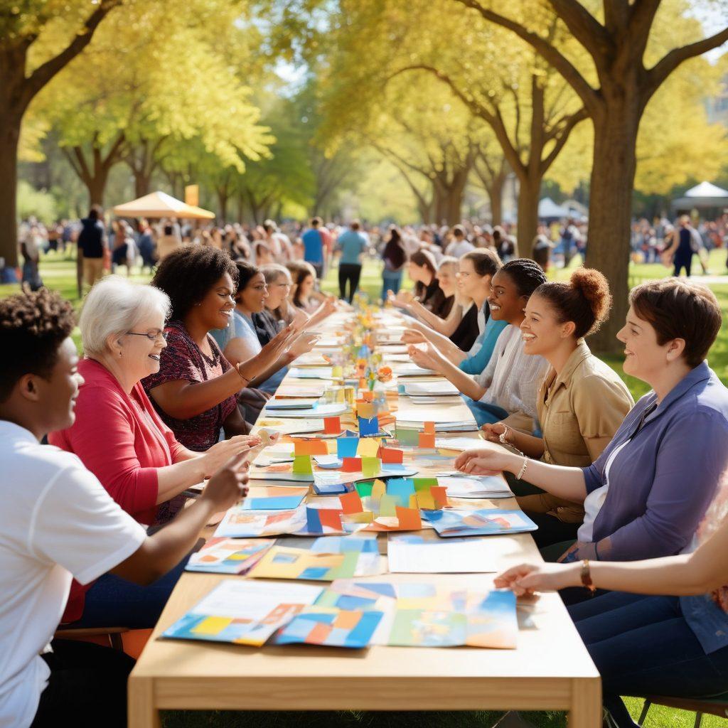 A vibrant and supportive community scene showcasing diverse individuals engaged in autism advocacy and support. Include elements like informative brochures, flowing conversations, and encouraging gestures. Bright colors symbolize hope and inclusion. The background features a sunny park with accessible resources like books and therapy tools. super-realistic. vibrant colors. 3D.