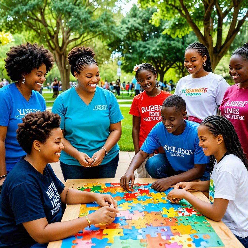 A group of diverse individuals, including adults and children, engaged in various activities that promote autism awareness, such as sharing information and collaborating on art projects. In the background, colorful puzzle pieces symbolize unity and connection, while a bright, inviting park setting enhances the sense of community. Everyone wears smiles, showcasing support and inclusiveness. Soft, warm lighting adds a hopeful ambiance. super-realistic. vibrant colors. warm tones.